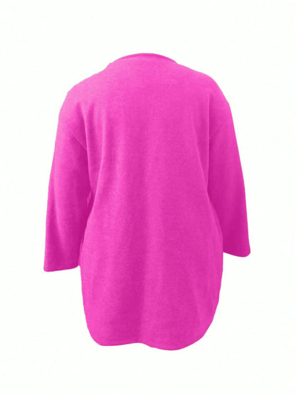 Plus Size Mid-Length Coat, Front Button Closure, Round Neck, Long Sleeve, Solid Color Coat, Autumn/Winter Spring