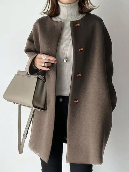 Plus Size Mid-Length Coat, Front Button Closure, Round Neck, Long Sleeve, Solid Color Coat, Autumn/Winter Spring
