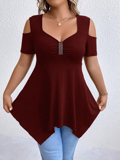 Plus Size Off Shoulder Solid Color Casual T-Shirt, Fashionable For Summer