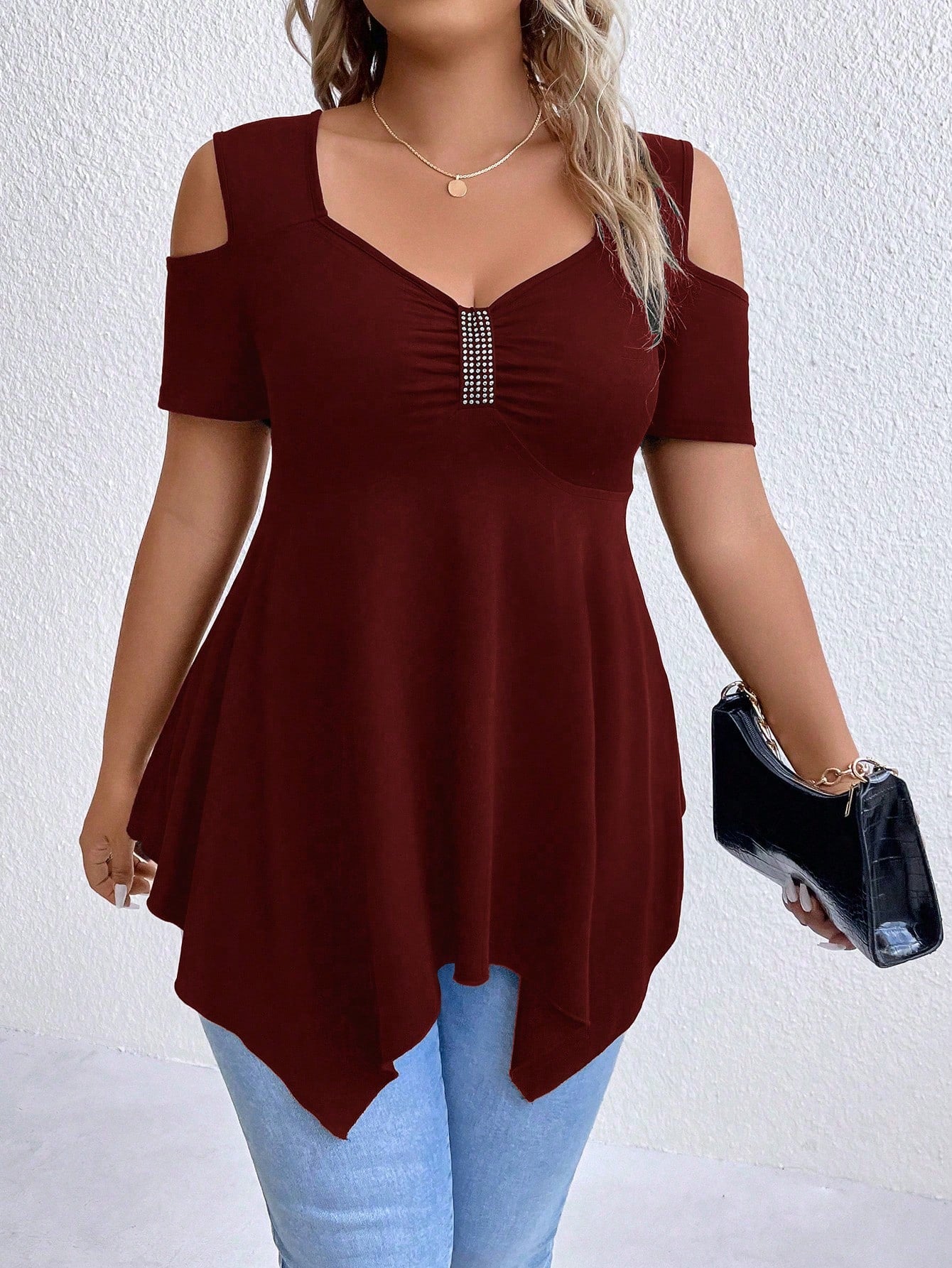 Plus Size Off Shoulder Solid Color Casual T-Shirt, Fashionable For Summer
