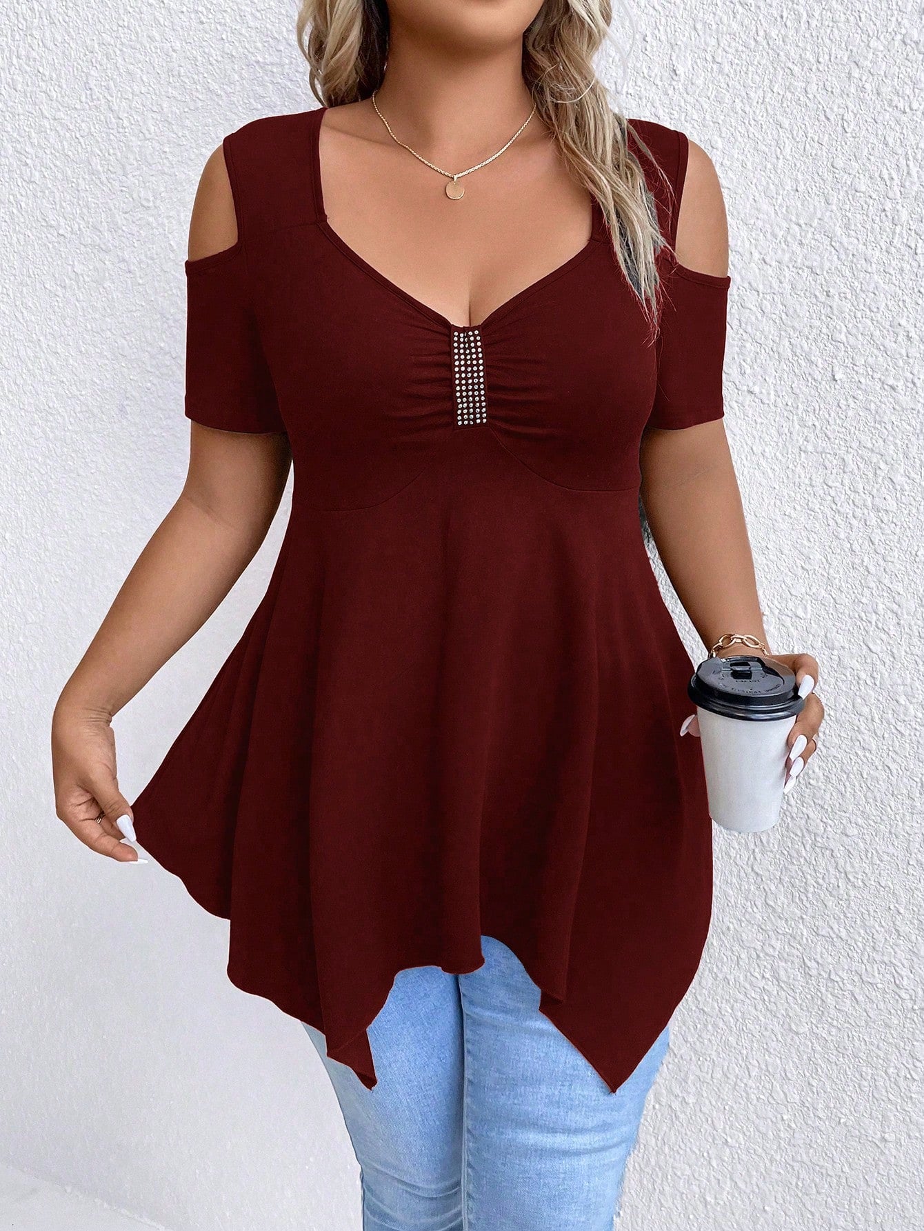 Plus Size Off Shoulder Solid Color Casual T-Shirt, Fashionable For Summer