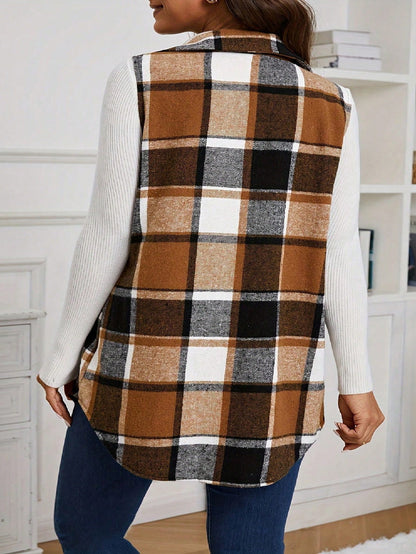 Plus Size Plaid Print Sleeveless Jacket With Lapel Detail Casual