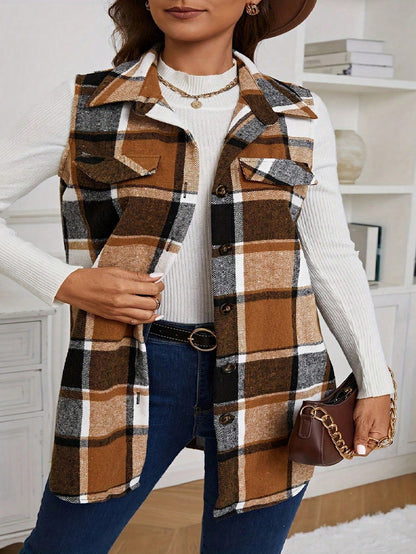 Plus Size Plaid Print Sleeveless Jacket With Lapel Detail Casual
