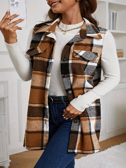 Plus Size Plaid Print Sleeveless Jacket With Lapel Detail Casual