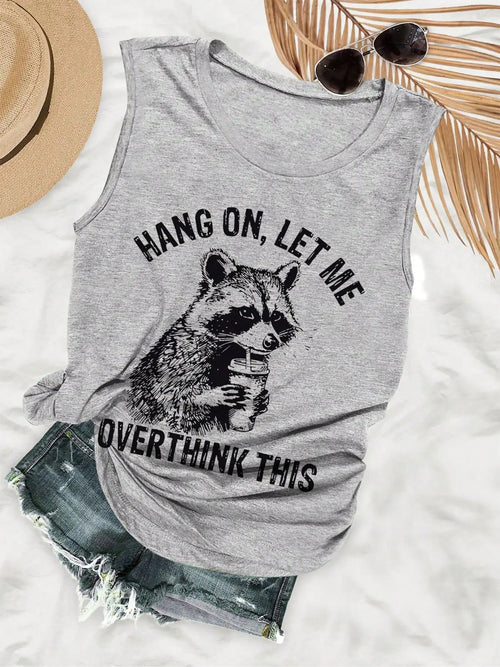 Plus Size-Plus Size- Humorous Style Raccoon Drink Hang On, Let Letter Print Sleeveless Round Neck Vest- 1XL-5XL-1XL-5XL