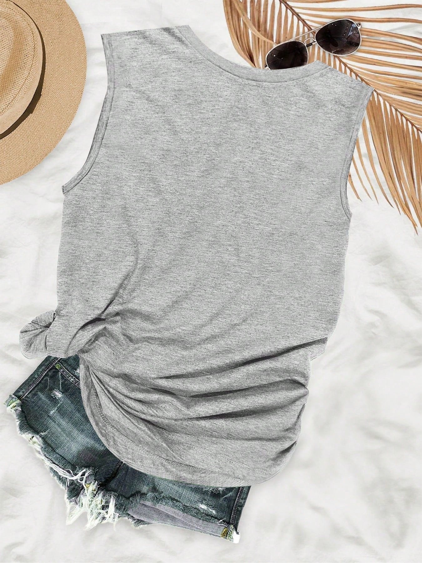Plus Size-Plus Size- Humorous Style Raccoon Drink Hang On, Let Letter Print Sleeveless Round Neck Vest- 1XL-5XL-1XL-5XL