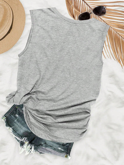 Plus Size-Plus Size- Humorous Style Raccoon Drink Hang On, Let Letter Print Sleeveless Round Neck Vest- 1XL-5XL-1XL-5XL