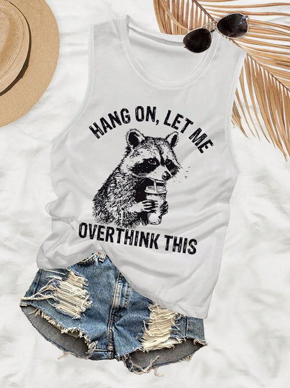 Plus Size-Plus Size- Humorous Style Raccoon Drink Hang On, Let Letter Print Sleeveless Round Neck Vest- 1XL-5XL-1XL-5XL