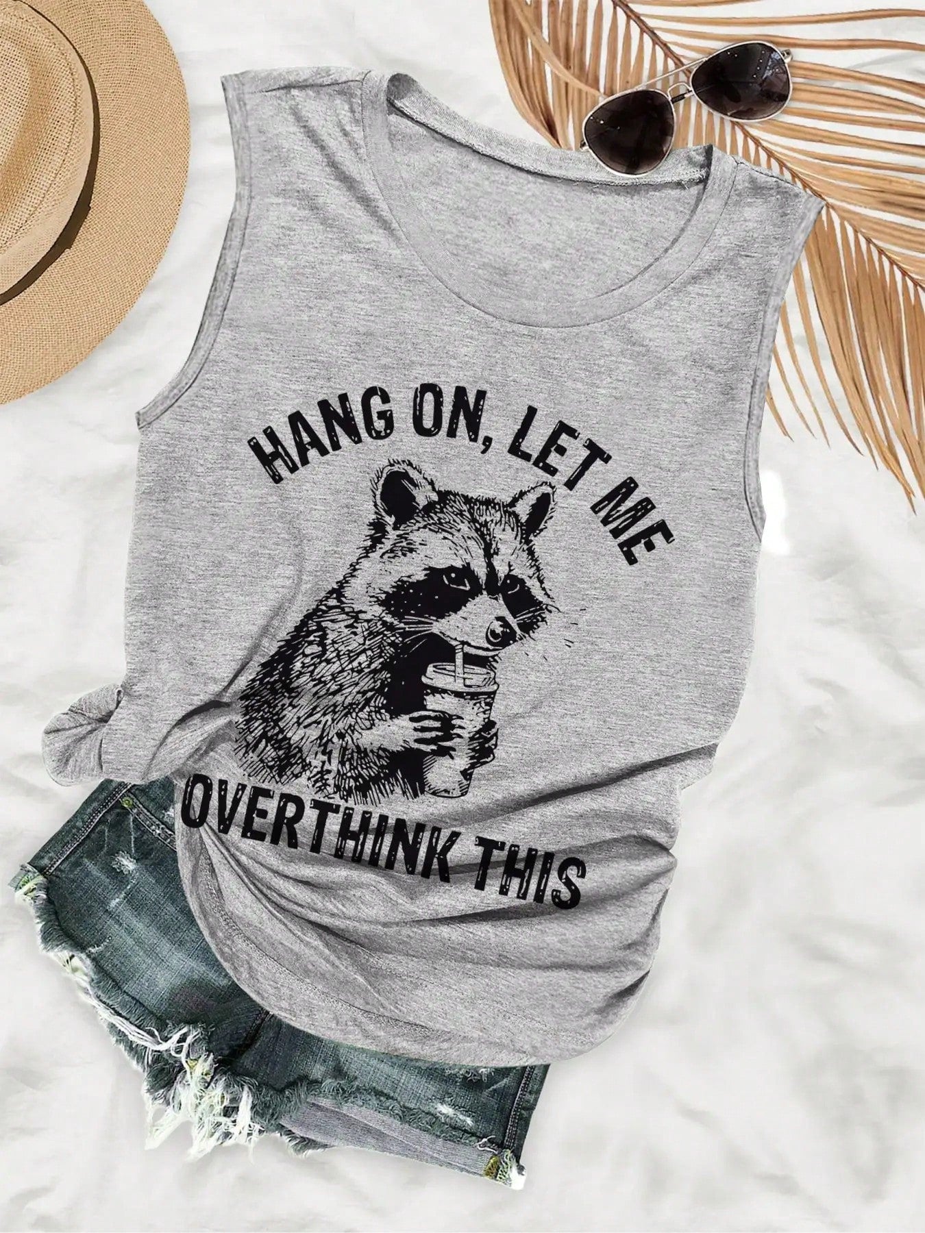 Plus Size-Plus Size- Humorous Style Raccoon Drink Hang On, Let Letter Print Sleeveless Round Neck Vest- 1XL-5XL-1XL-5XL