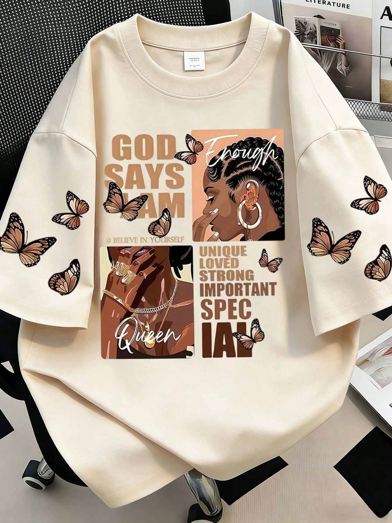 Plus Size Portrait & Slogan Print Round Neck Short Sleeve T-Shirt, Featuring "God Says I Am Unique, Loved, Strong, Important, Special Casual Summer