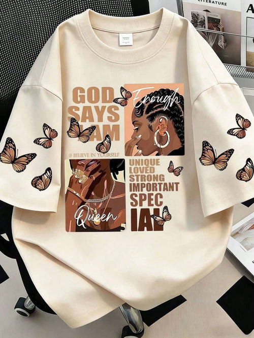 Plus Size Portrait & Slogan Print Round Neck Short Sleeve T-Shirt, Featuring "God Says I Am Unique, Loved, Strong, Important, Special Casual Summer