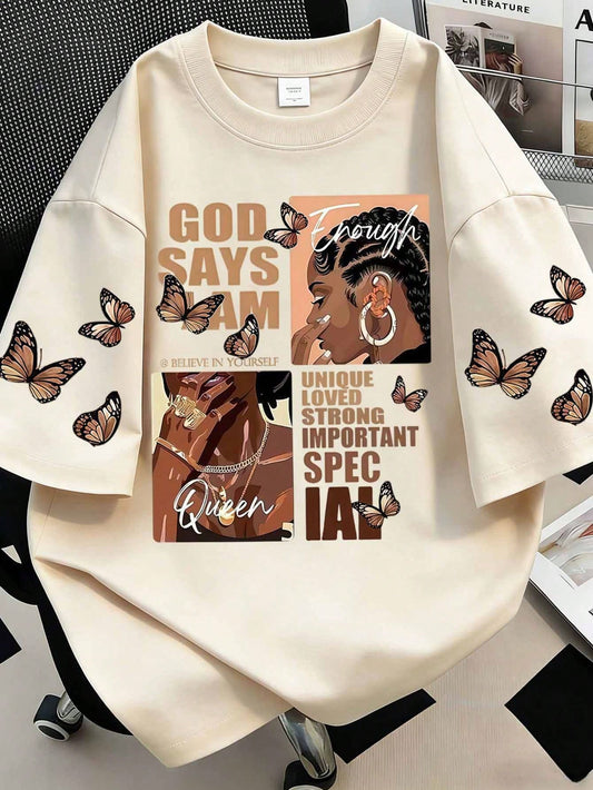 Plus Size Portrait & Slogan Print Round Neck Short Sleeve T-Shirt, Featuring "God Says I Am Unique, Loved, Strong, Important, Special Casual Summer