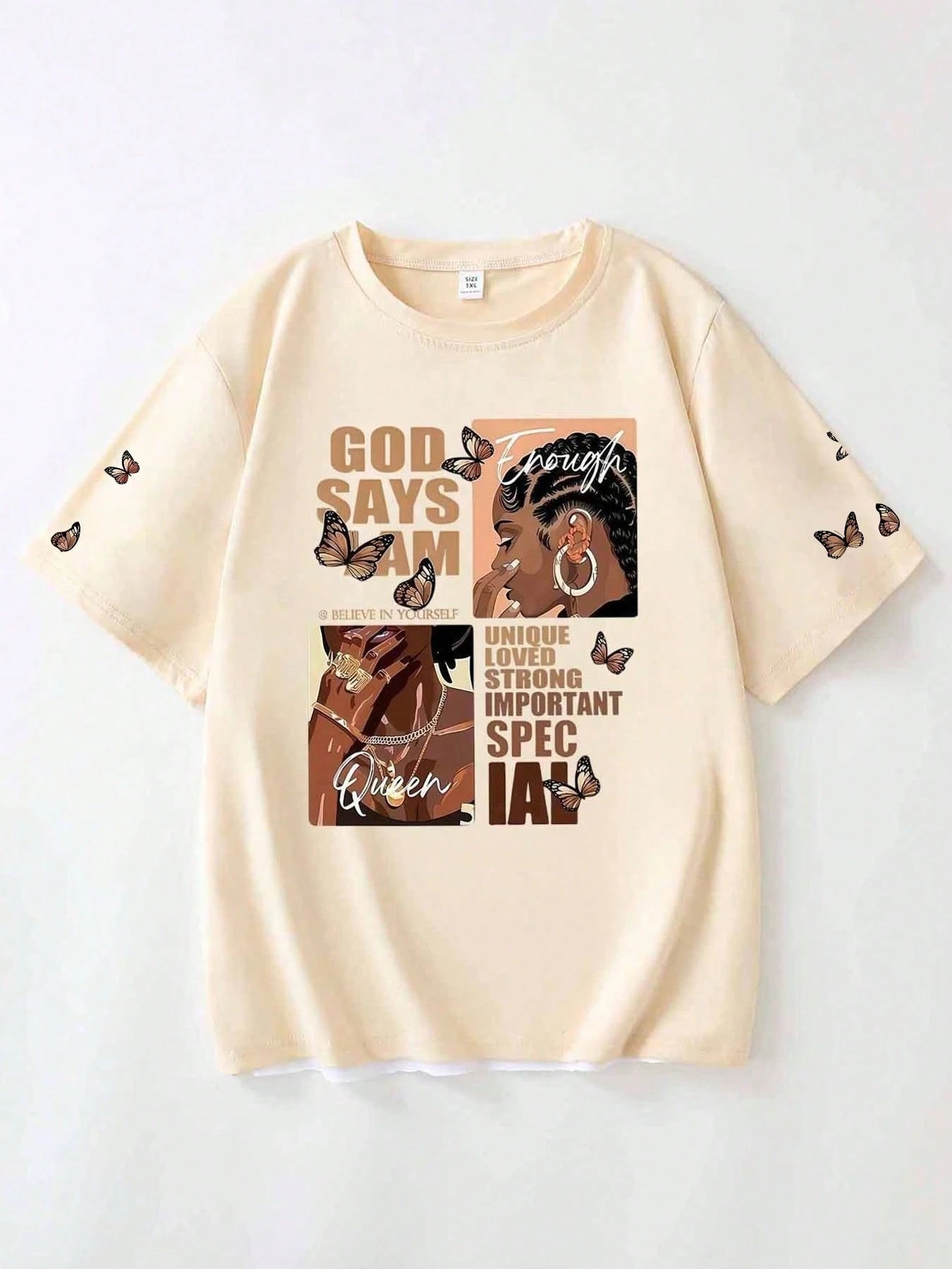 Plus Size Portrait & Slogan Print Round Neck Short Sleeve T-Shirt, Featuring "God Says I Am Unique, Loved, Strong, Important, Special Casual Summer