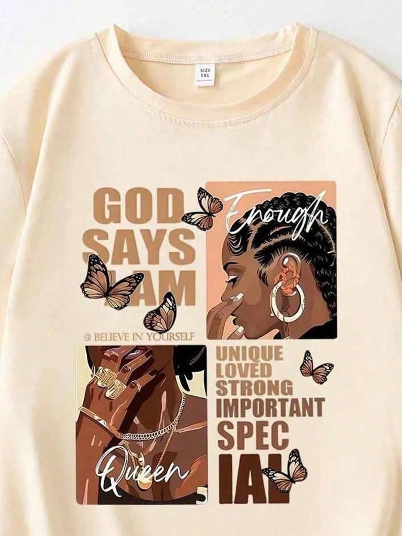 Plus Size Portrait & Slogan Print Round Neck Short Sleeve T-Shirt, Featuring "God Says I Am Unique, Loved, Strong, Important, Special Casual Summer