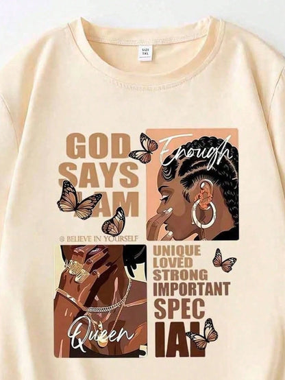 Plus Size Portrait & Slogan Print Round Neck Short Sleeve T-Shirt, Featuring "God Says I Am Unique, Loved, Strong, Important, Special Casual Summer
