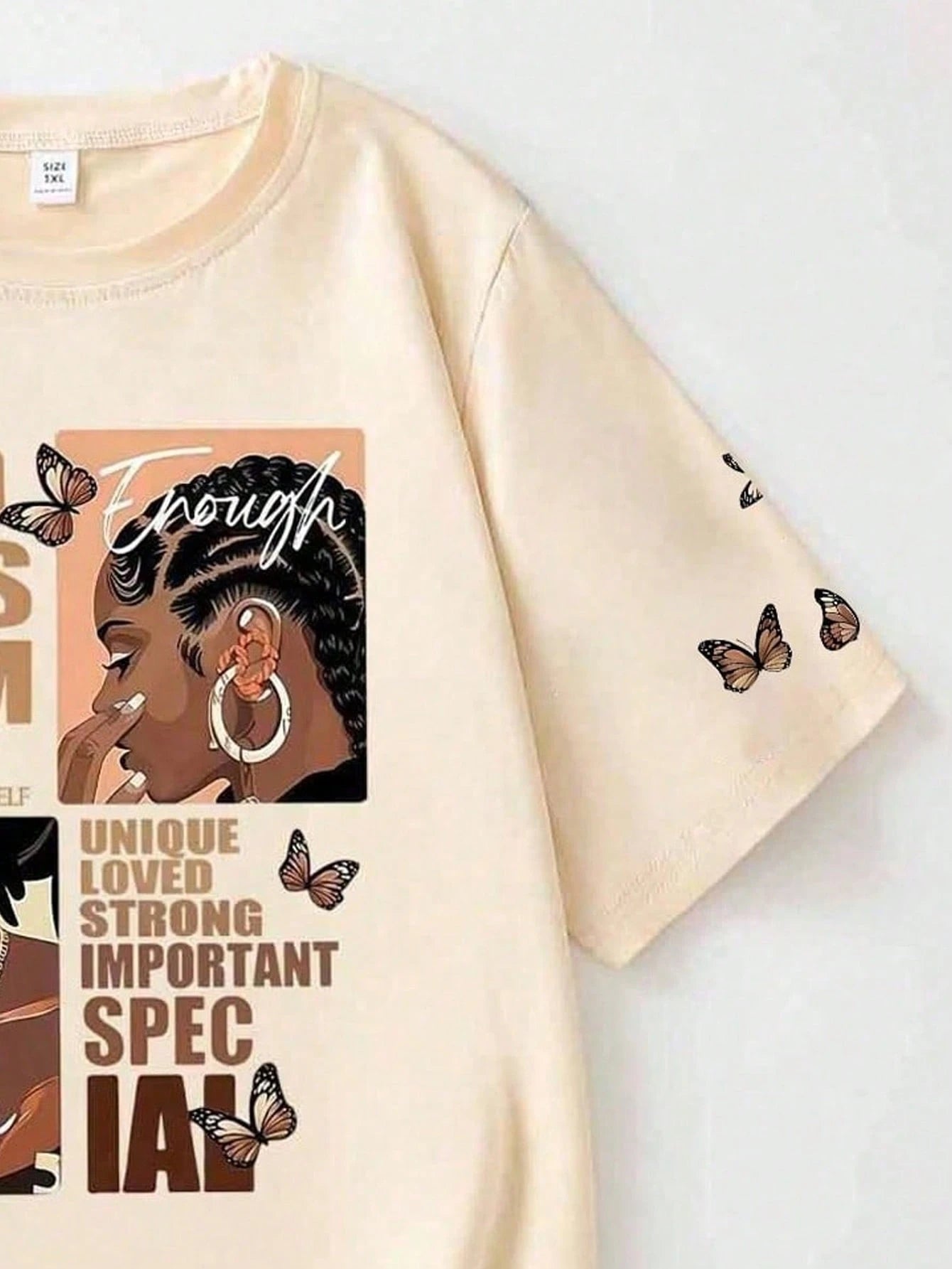 Plus Size Portrait & Slogan Print Round Neck Short Sleeve T-Shirt, Featuring "God Says I Am Unique, Loved, Strong, Important, Special Casual Summer