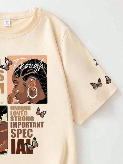 Plus Size Portrait & Slogan Print Round Neck Short Sleeve T-Shirt, Featuring "God Says I Am Unique, Loved, Strong, Important, Special Casual Summer