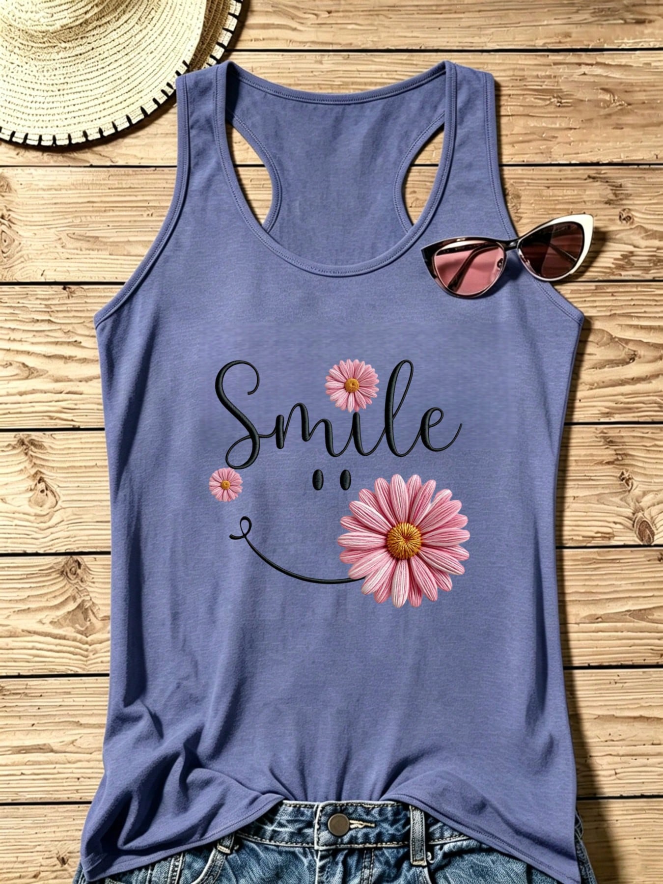 Plus Size Summer Tops For Women Smile With Daisy Flower Design Print Tank Top, Cotton Blend Soft Breathable Skin-Friendly For Summer