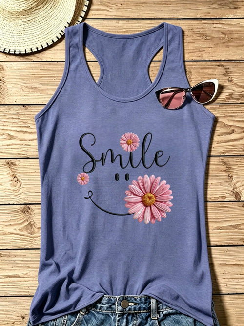 Plus Size Summer Tops For Women Smile With Daisy Flower Design Print Tank Top, Cotton Blend Soft Breathable Skin-Friendly For Summer