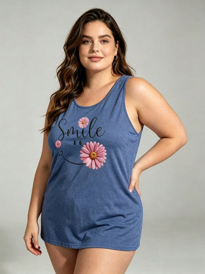 Plus Size Summer Tops For Women Smile With Daisy Flower Design Print Tank Top, Cotton Blend Soft Breathable Skin-Friendly For Summer