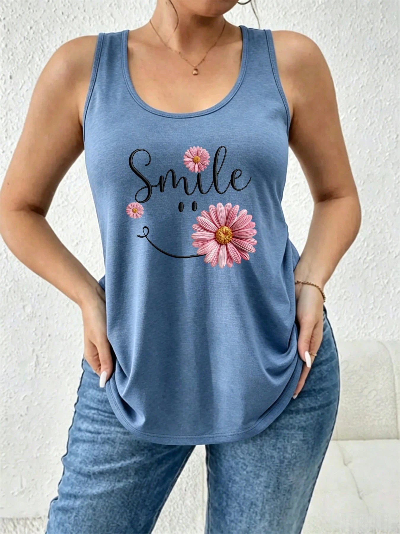 Plus Size Summer Tops For Women Smile With Daisy Flower Design Print Tank Top, Cotton Blend Soft Breathable Skin-Friendly For Summer