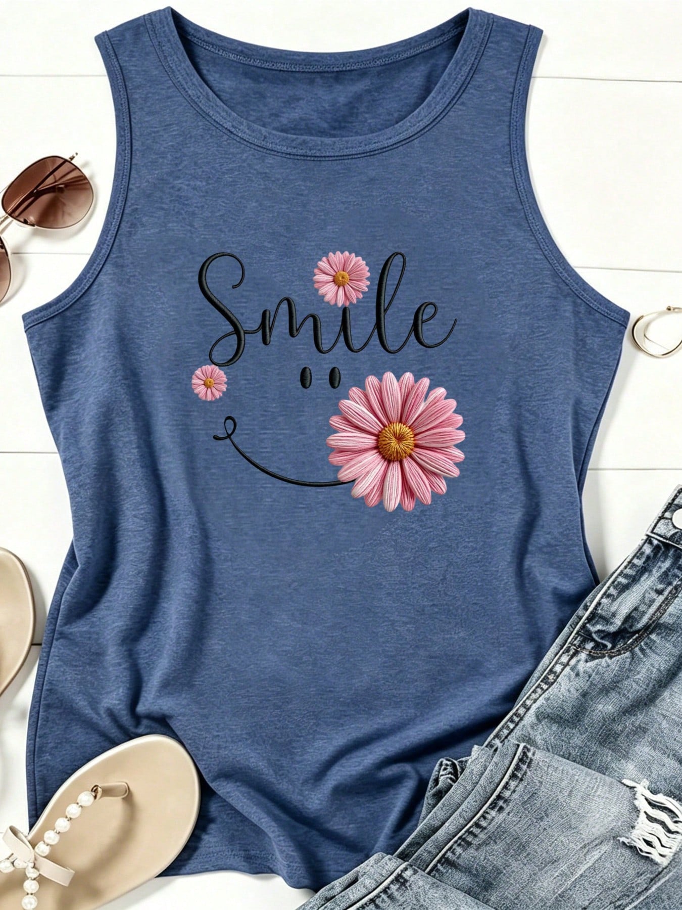 Plus Size Summer Tops For Women Smile With Daisy Flower Design Print Tank Top, Cotton Blend Soft Breathable Skin-Friendly For Summer