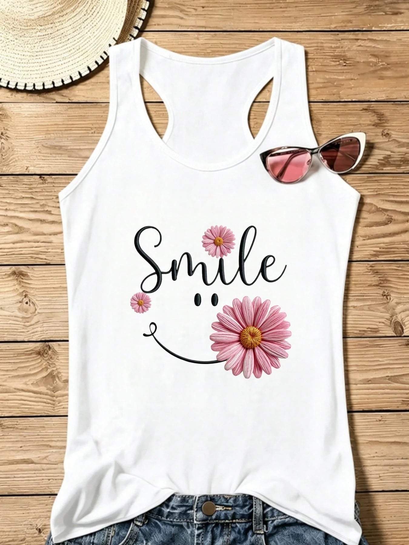 Plus Size Summer Tops For Women Smile With Daisy Flower Design Print Tank Top, Cotton Blend Soft Breathable Skin-Friendly For Summer