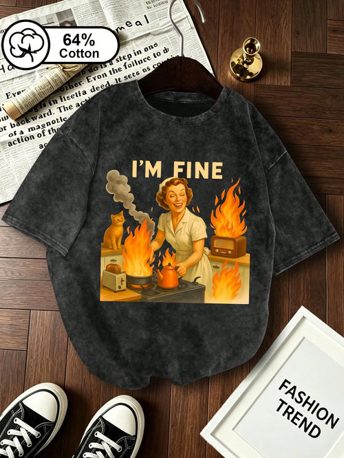 Plus Size Summer Women's T-Shirt With An Ironic "I'm Fine" Letter Print, Suitable For Everyday Wear, Retro Washed Round Neck Casual Top Black
