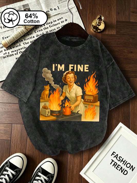Plus Size Summer Women's T-Shirt With An Ironic "I'm Fine" Letter Print, Suitable For Everyday Wear, Retro Washed Round Neck Casual Top Black