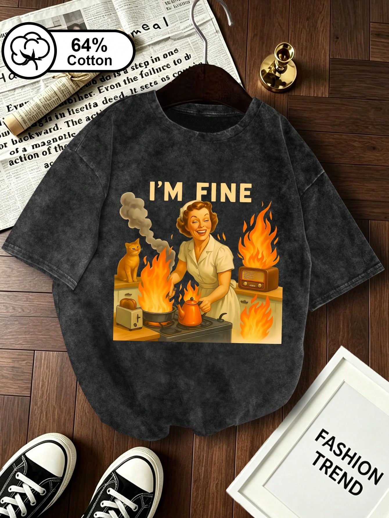 Plus Size Summer Women's T-Shirt With An Ironic "I'm Fine" Letter Print, Suitable For Everyday Wear, Retro Washed Round Neck Casual Top Black