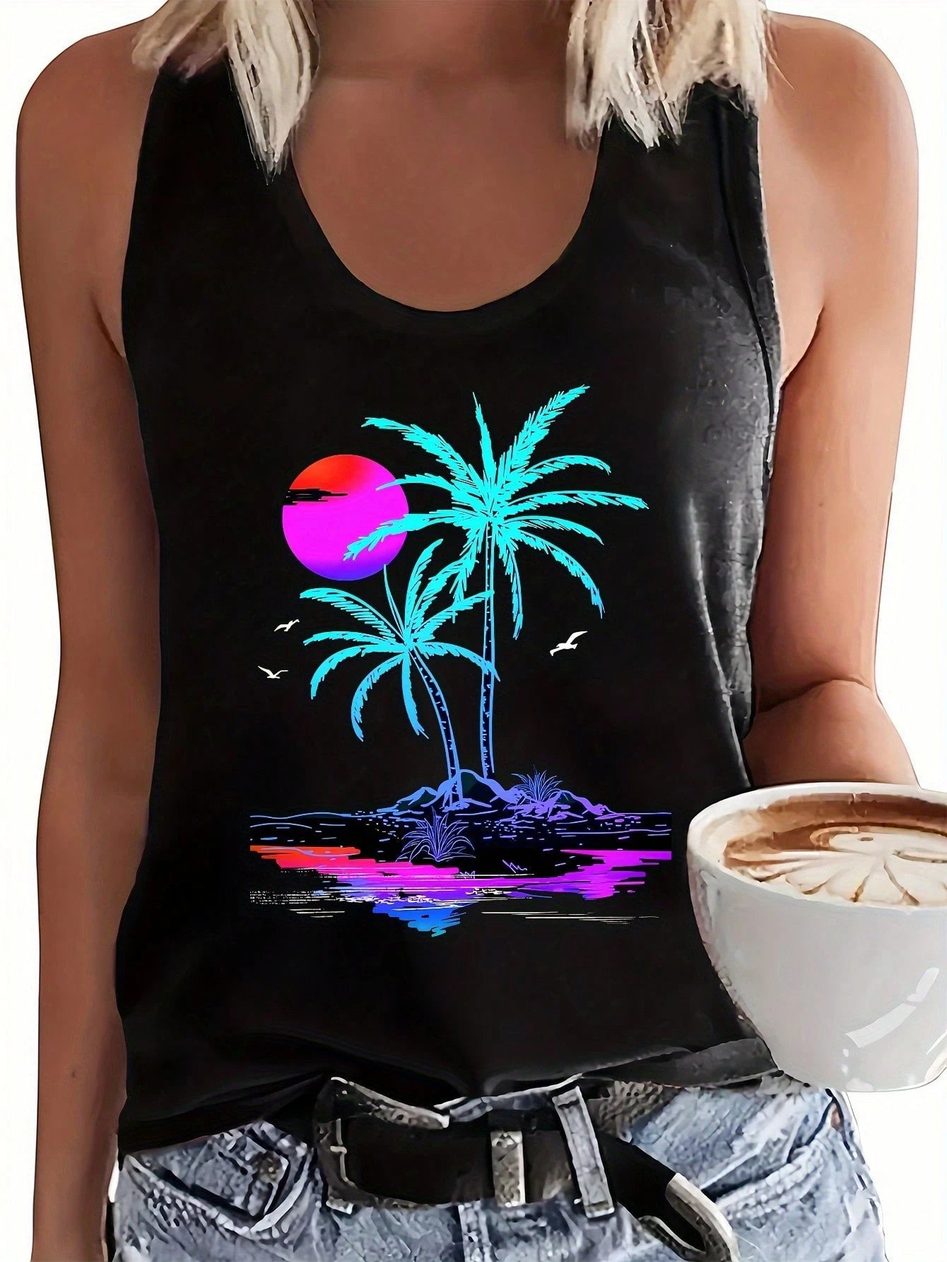 [Plus Size Tank Top] Stretchy Polyester Women's Plus Size Sleeveless Tank Top| Tropical Geometric Palm Tree Sunset Print, Relaxed Fit Round Neck