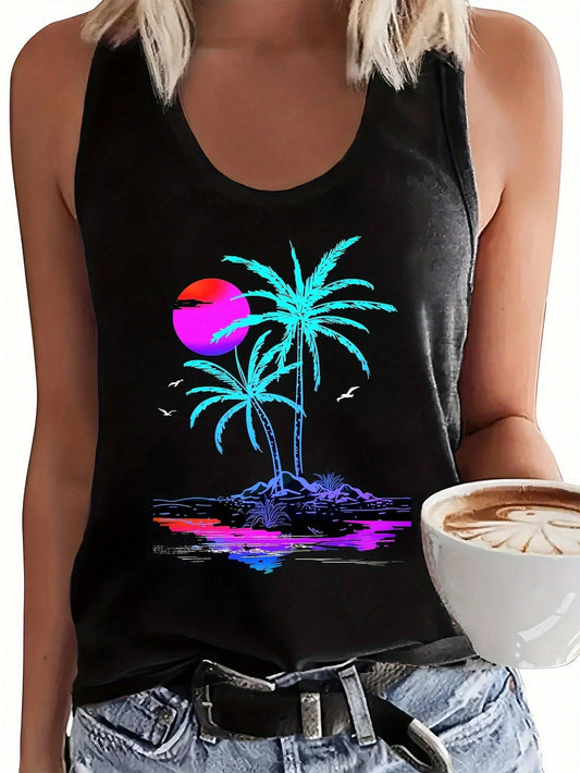 [Plus Size Tank Top] Stretchy Polyester Women's Plus Size Sleeveless Tank Top| Tropical Geometric Palm Tree Sunset Print, Relaxed Fit Round Neck