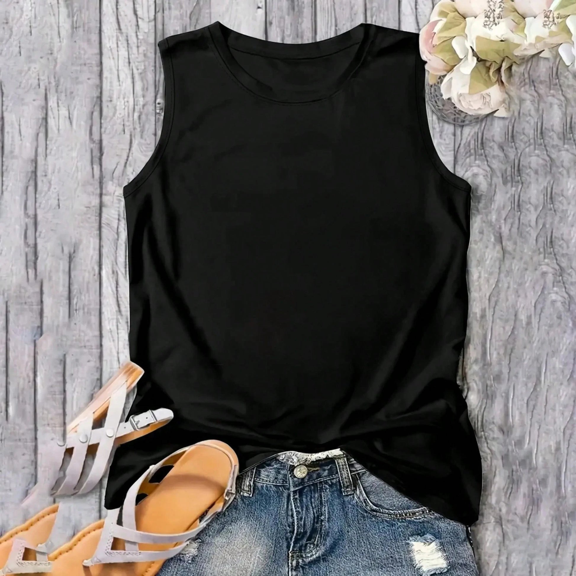 [Plus Size Tank Top] Stretchy Polyester Women's Plus Size Sleeveless Tank Top| Tropical Geometric Palm Tree Sunset Print, Relaxed Fit Round Neck