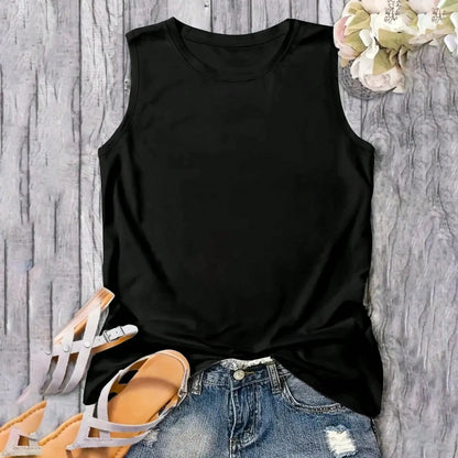 [Plus Size Tank Top] Stretchy Polyester Women's Plus Size Sleeveless Tank Top| Tropical Geometric Palm Tree Sunset Print, Relaxed Fit Round Neck