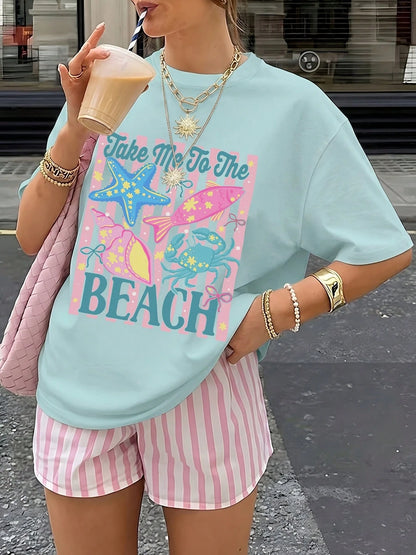 Plus Size Top,Women's Y2K "Take Me To The Beach" T-Shirt, Ocean Life Print, Punk Aesthetic Casual Round Neck Top,Labor Day,Back To School