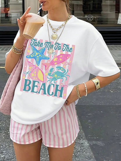 Plus Size Top,Women's Y2K "Take Me To The Beach" T-Shirt, Ocean Life Print, Punk Aesthetic Casual Round Neck Top,Labor Day,Back To School
