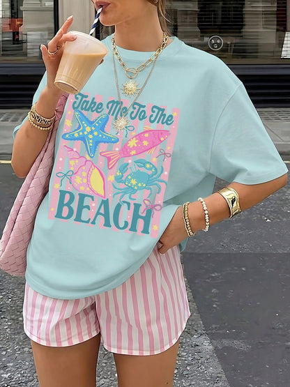 Plus Size Top,Women's Y2K "Take Me To The Beach" T-Shirt, Ocean Life Print, Punk Aesthetic Casual Round Neck Top,Labor Day,Back To School