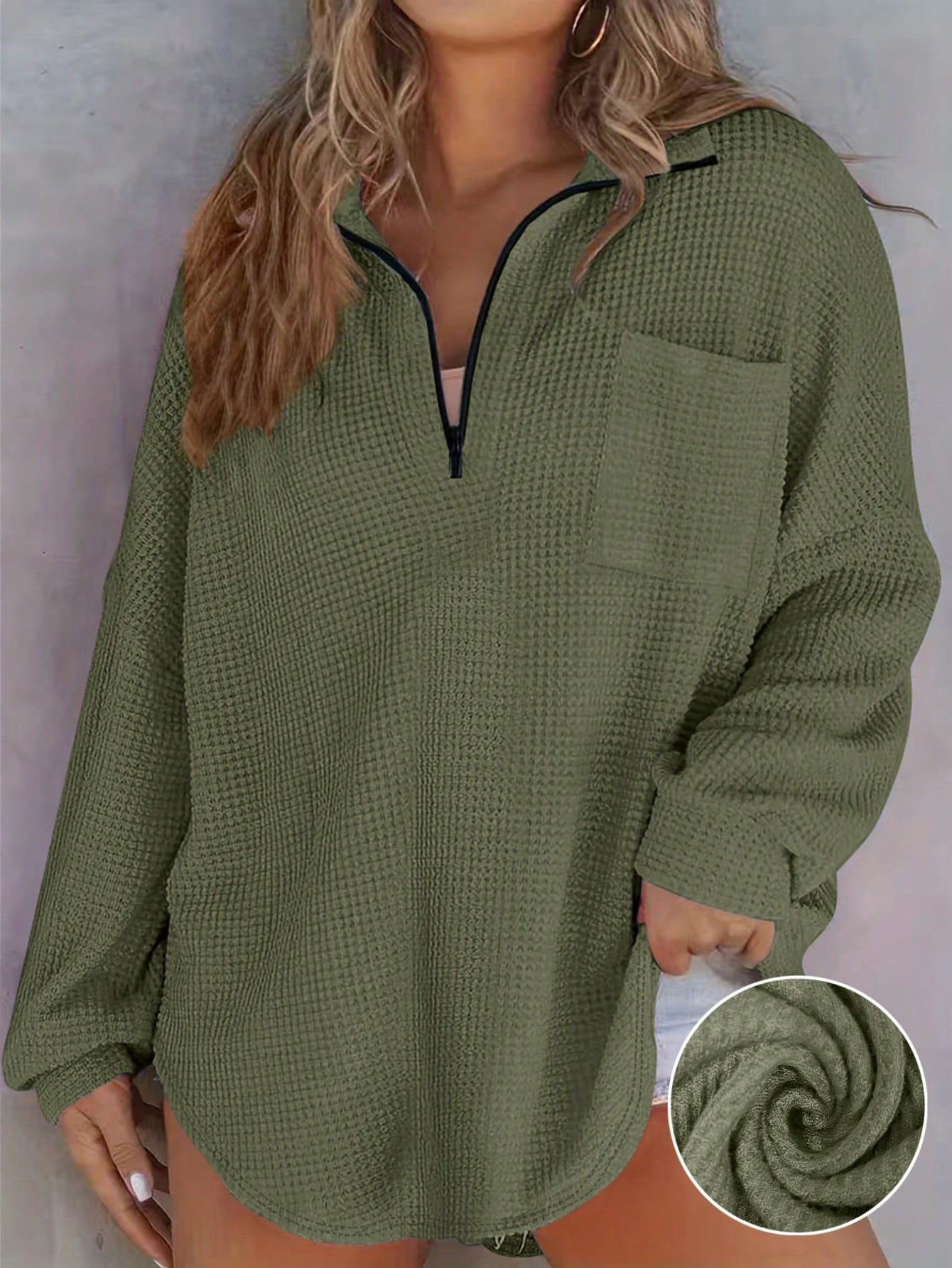 Plus Size Waffle Knit Zip Pocket Long Sleeve Top, Loose Fit, Popular European & American Autumn/Winter Style, Plus Size Spring