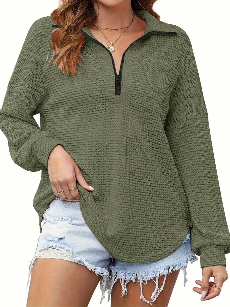 Plus Size Waffle Knit Zip Pocket Long Sleeve Top, Loose Fit, Popular European & American Autumn/Winter Style, Plus Size Spring