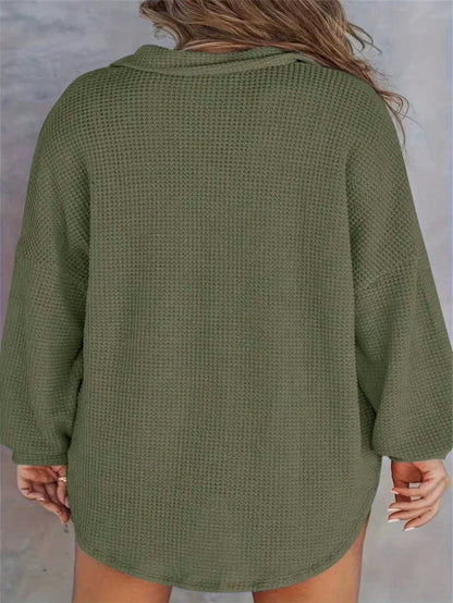 Plus Size Waffle Knit Zip Pocket Long Sleeve Top, Loose Fit, Popular European & American Autumn/Winter Style, Plus Size Spring