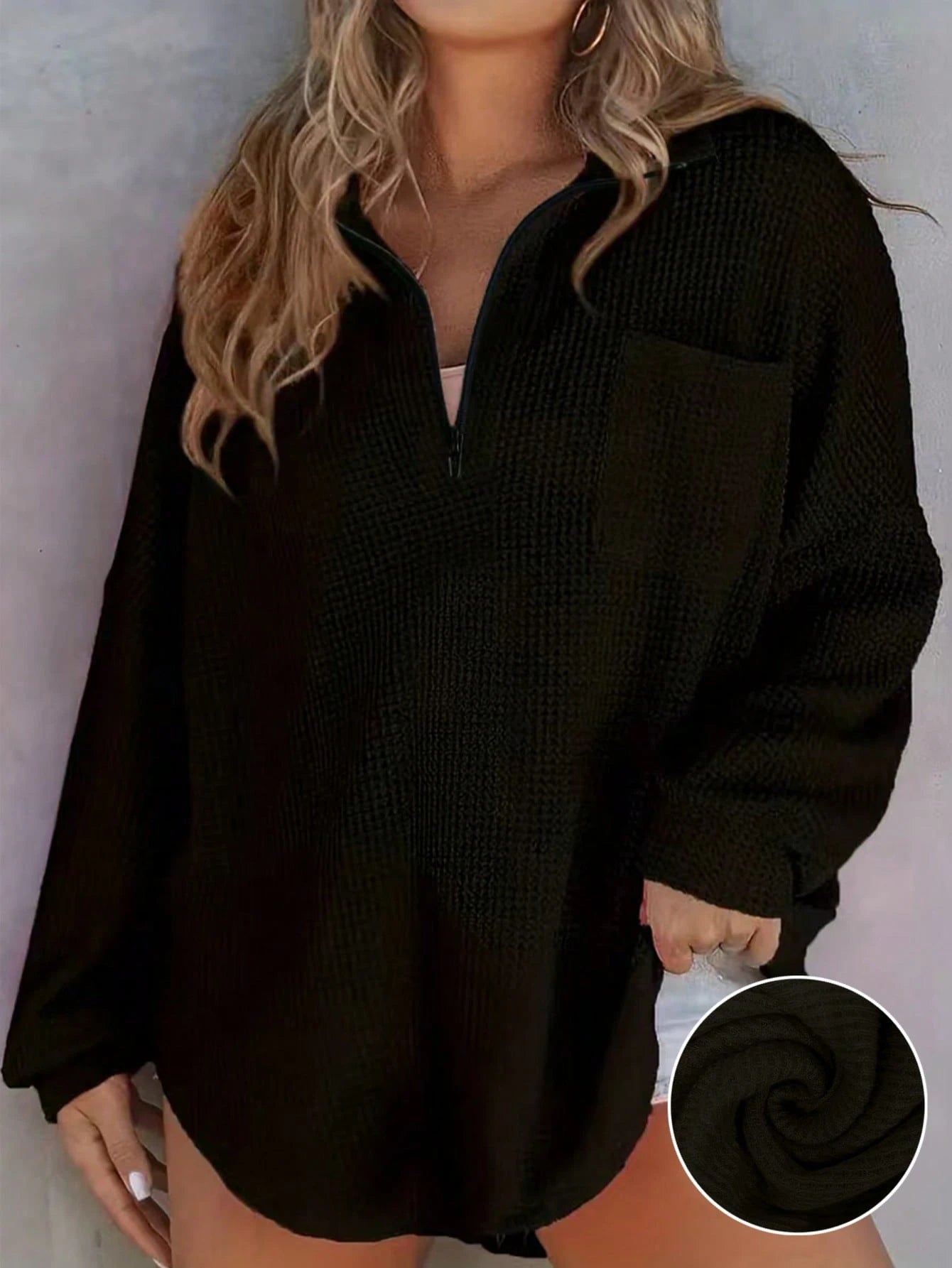Plus Size Waffle Knit Zip Pocket Long Sleeve Top, Loose Fit, Popular European & American Autumn/Winter Style, Plus Size Spring