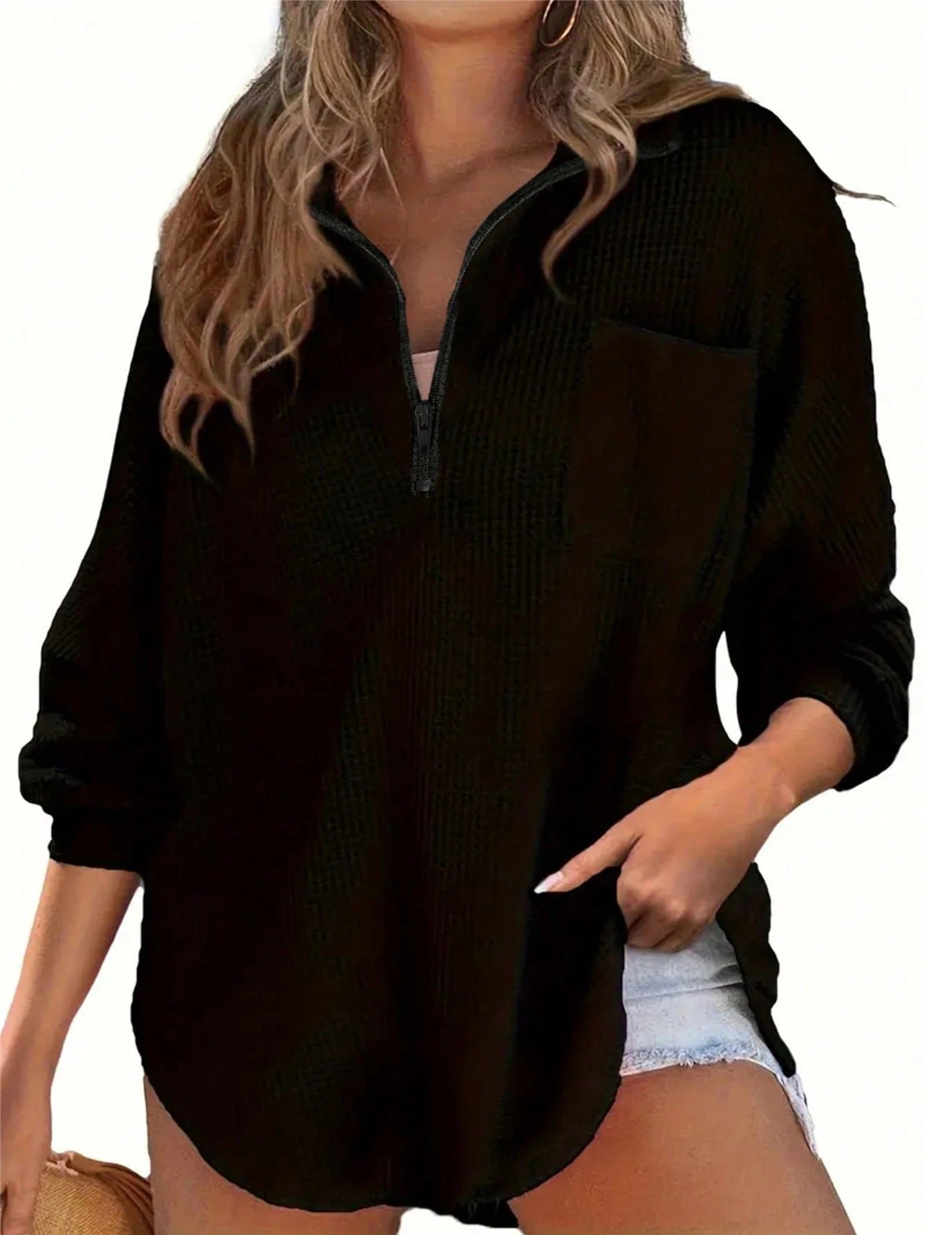 Plus Size Waffle Knit Zip Pocket Long Sleeve Top, Loose Fit, Popular European & American Autumn/Winter Style, Plus Size Spring
