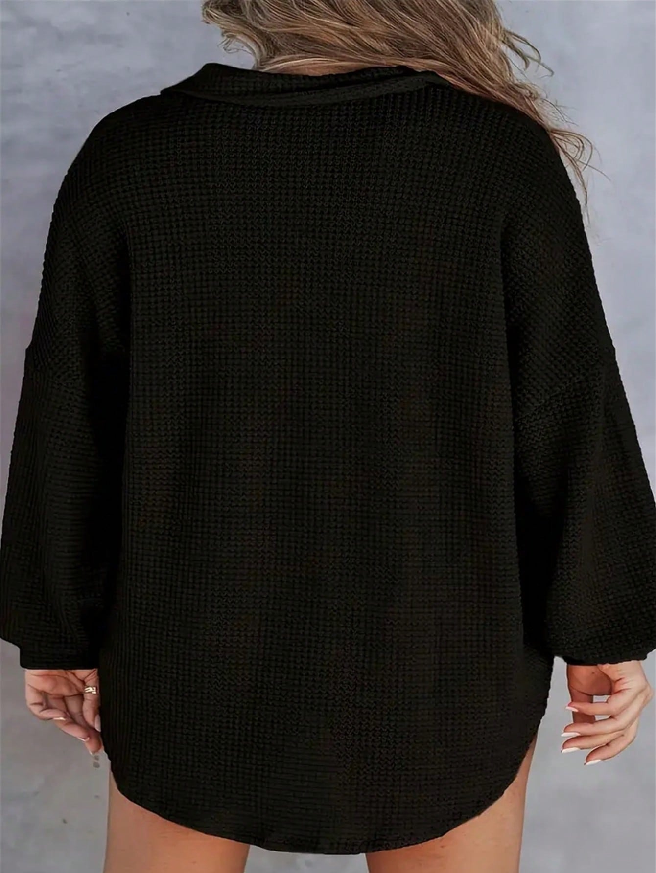 Plus Size Waffle Knit Zip Pocket Long Sleeve Top, Loose Fit, Popular European & American Autumn/Winter Style, Plus Size Spring