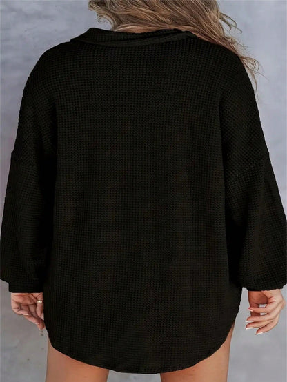 Plus Size Waffle Knit Zip Pocket Long Sleeve Top, Loose Fit, Popular European & American Autumn/Winter Style, Plus Size Spring