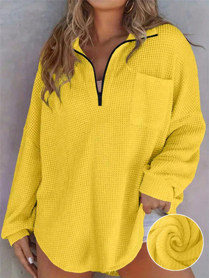 Plus Size Waffle Knit Zip Pocket Long Sleeve Top, Loose Fit, Popular European & American Autumn/Winter Style, Plus Size Spring