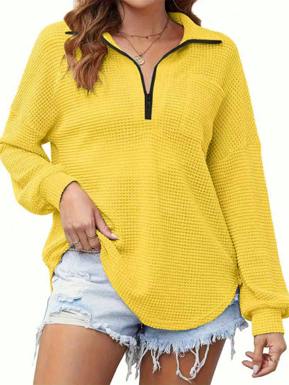 Plus Size Waffle Knit Zip Pocket Long Sleeve Top, Loose Fit, Popular European & American Autumn/Winter Style, Plus Size Spring