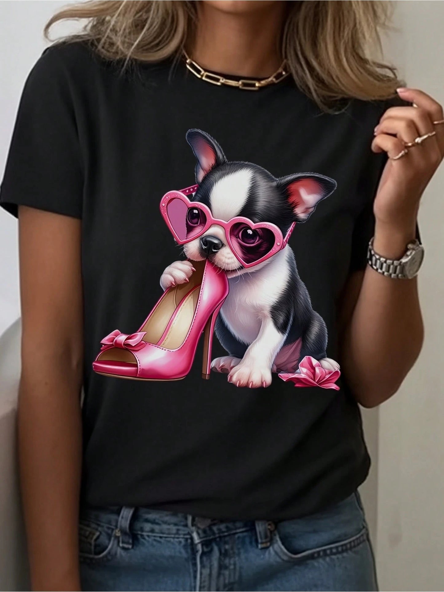 Plus Size Women Boston Terrier Crew Neck T-Shirt Graphic Funny Summer Soft Casual Top