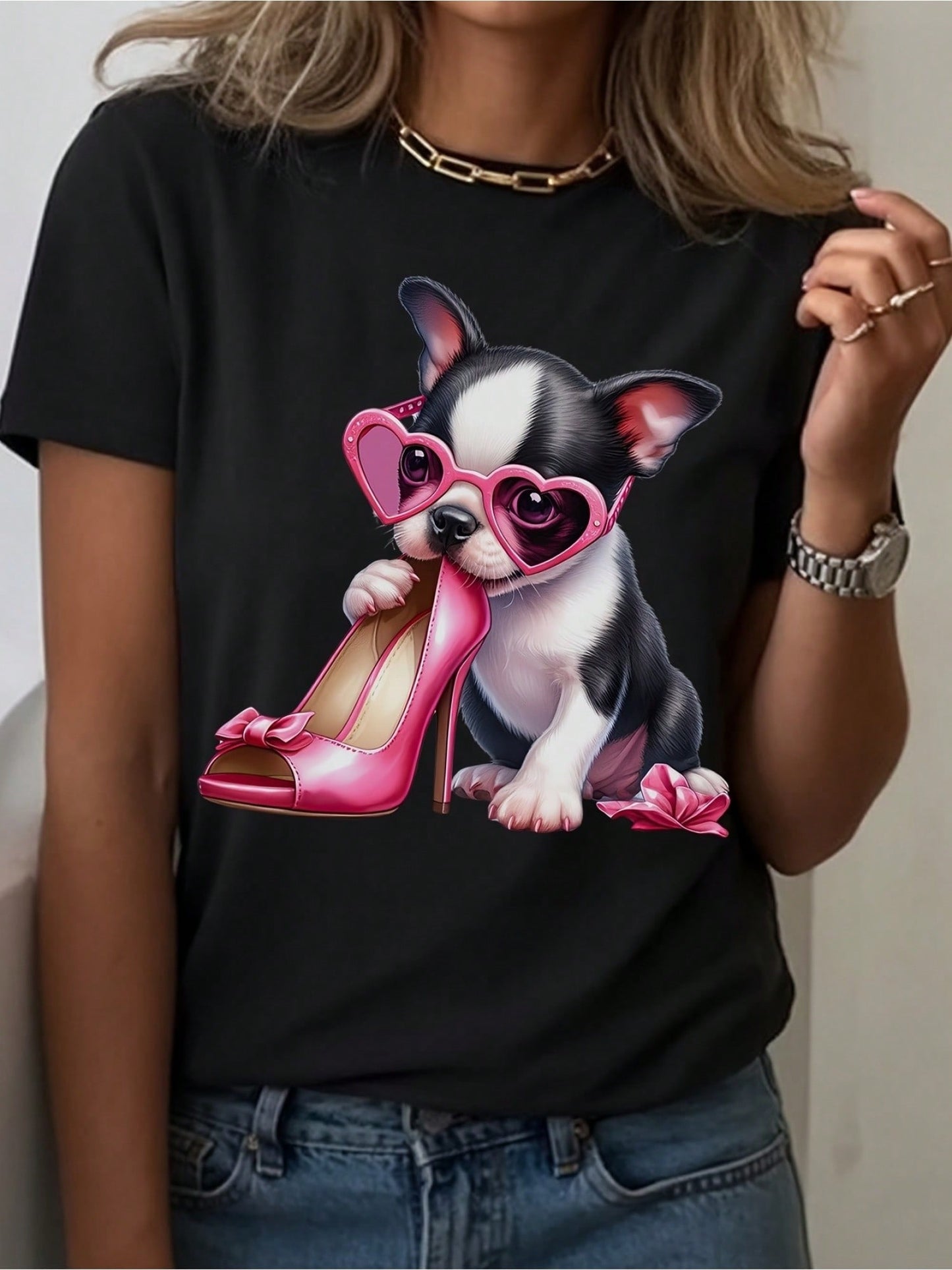 Plus Size Women Boston Terrier Crew Neck T-Shirt Graphic Funny Summer Soft Casual Top