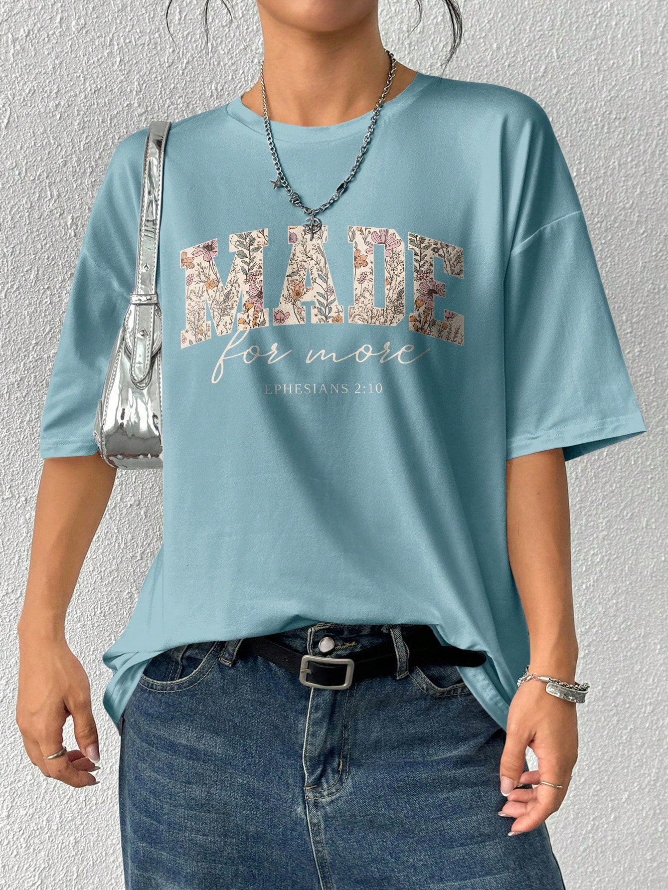 Plus Size Women Casual Daily Tiny Floral & Letter Print Round Neck Loose T-Shirt