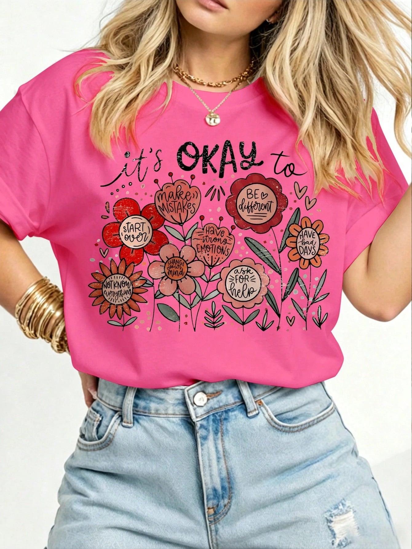 Plus Size Women Casual Floral & Inspirational Text Print Crew Neck Short Sleeve T-Shirt, Bohemian Home Wear